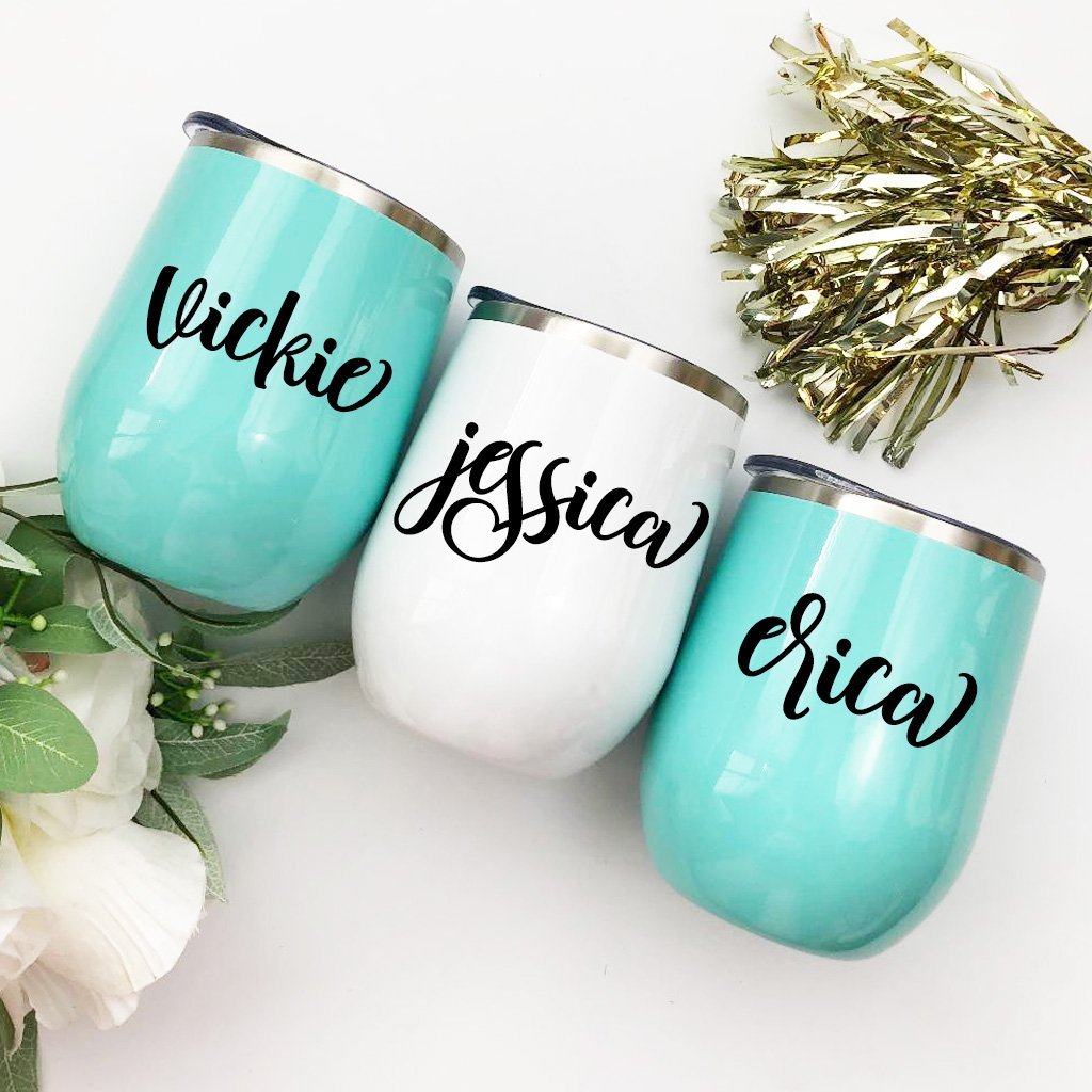 Teal and white custom stemless wine glasses for Indian bridal party