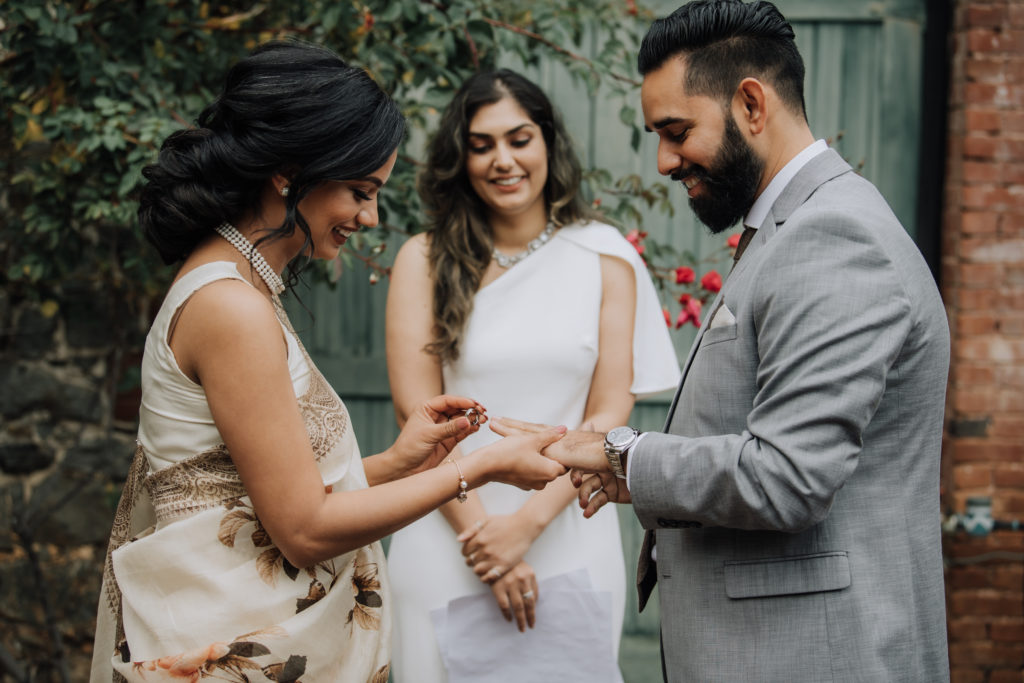 Indian bride puts the grooms ring on