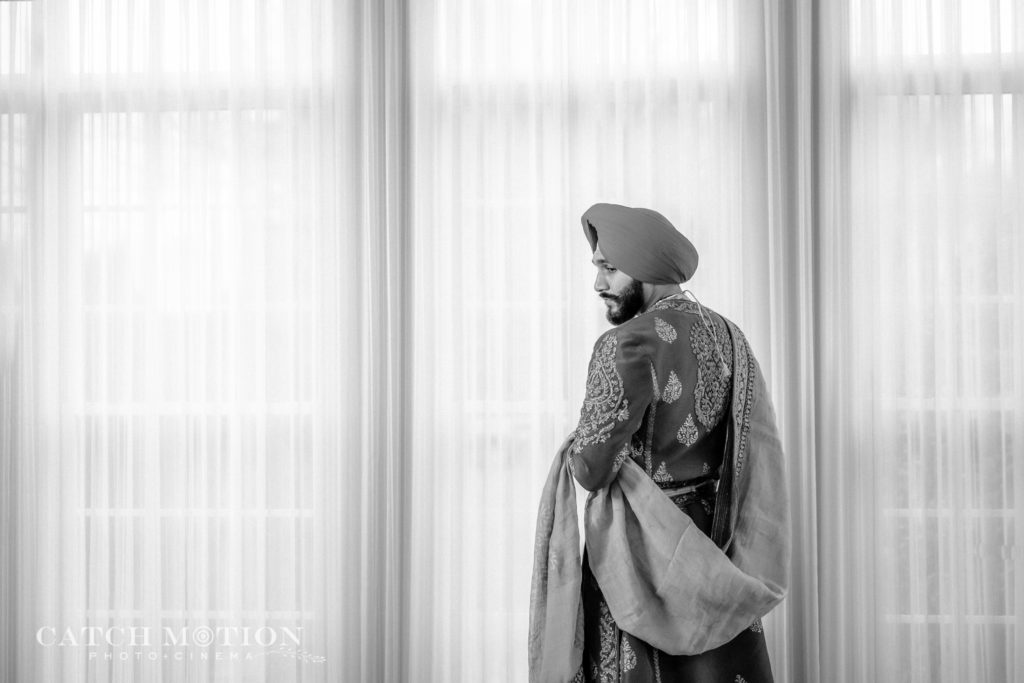 Black and white photo of Sikh Groom
